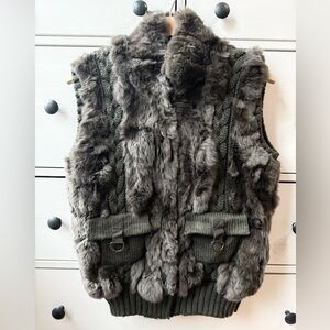 Hiche Women’s size S Rabbit Fur Cable-Knit vest Army Green jacket sweater zipper